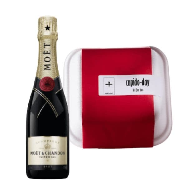 Kit Cupido Day - Champagne Brut Moët Impérial (37,5 cl) + 6 Biscottini, Crema Spalmabile e Pillole di Cacao e Arancia