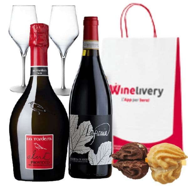 Kit Amore - 2 Bottiglie di Vino + Baci Giulietta e Romeo + 2 Calici + Sorpresa