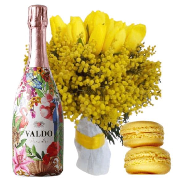 Kit Festa della Donna - Spumante Rosé Brut Paradise - Macaron Flego - Fiori Freschi