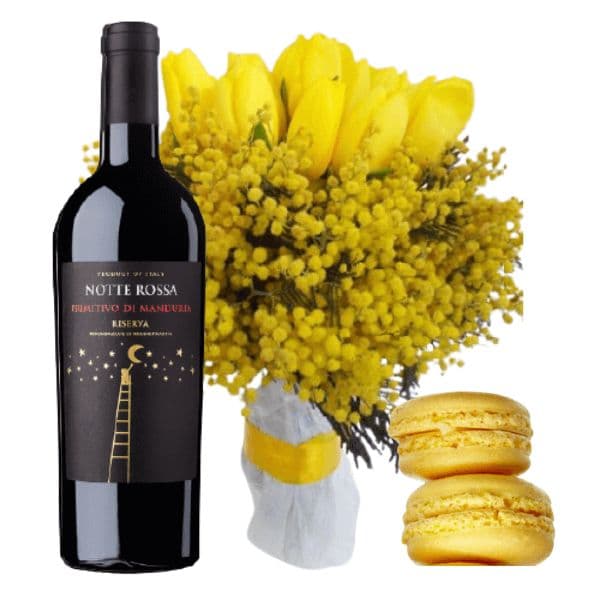 Kit Festa della Donna - Primitivo di Manduria DOP Riserva 2017 - Macaron Flego - Fiori Freschi