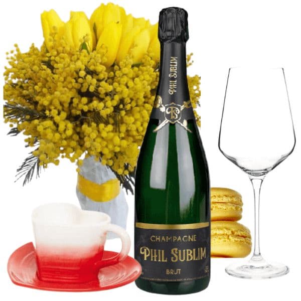 Kit Festa della Donna - Champagne AOC Brut - Macaron Flego - Fiori Freschi - Calice - Tazza Cuore