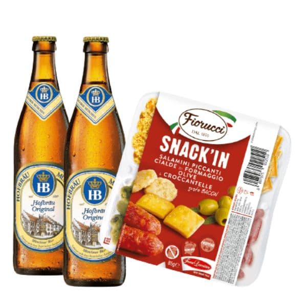 Kit Aperitivo - Hofbräu e Snack'In Poker Salamini Piccanti, Cialde di formaggio, Olive e Croccantelle Gusto Bacon (85 g)