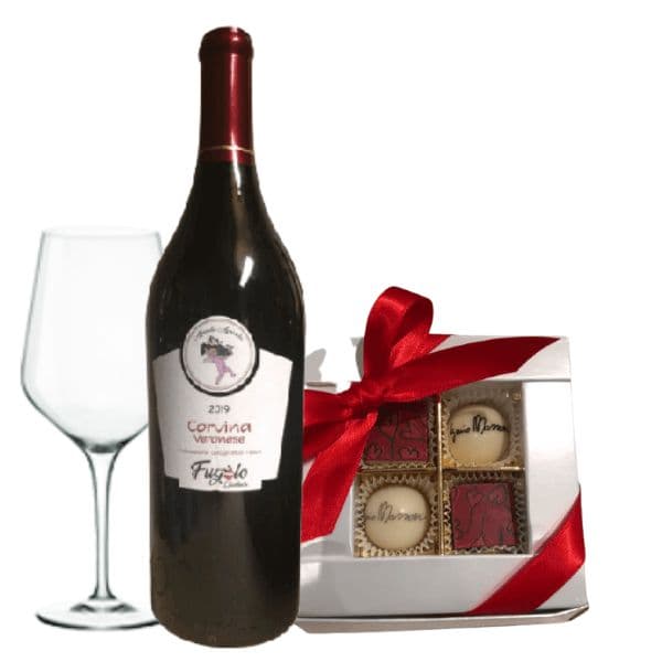 Kit Festa Della Mamma - Corvina Veronese IGT, Praline Assortite, Fiori Freschi e Calice in Vetro