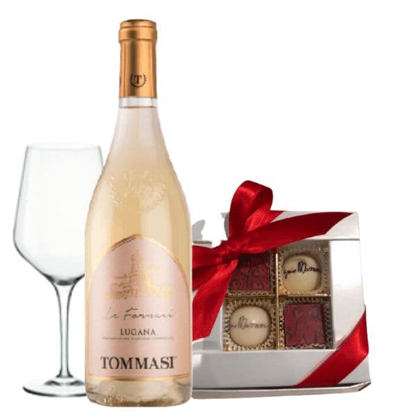 Kit Festa Della Mamma - Lugana DOC, Praline Assortite, Fiori Freschi e Calice in Vetro