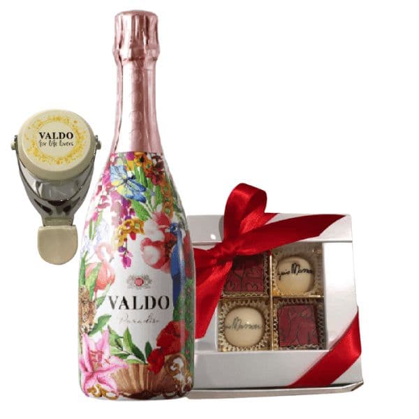 Kit Festa della Mamma - Spumante Metodo Charmat Rosé, Pralina Assortite, Fiori Freschi e Stopper Vino