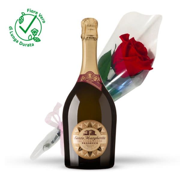 Valdobbiadene Prosecco Superiore DOCG Brut con una Rosa Rossa