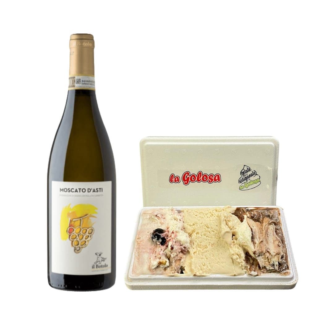 Moscato d’Asti DOCG con vaschetta gelato 500 gr amarena nocciola cremino