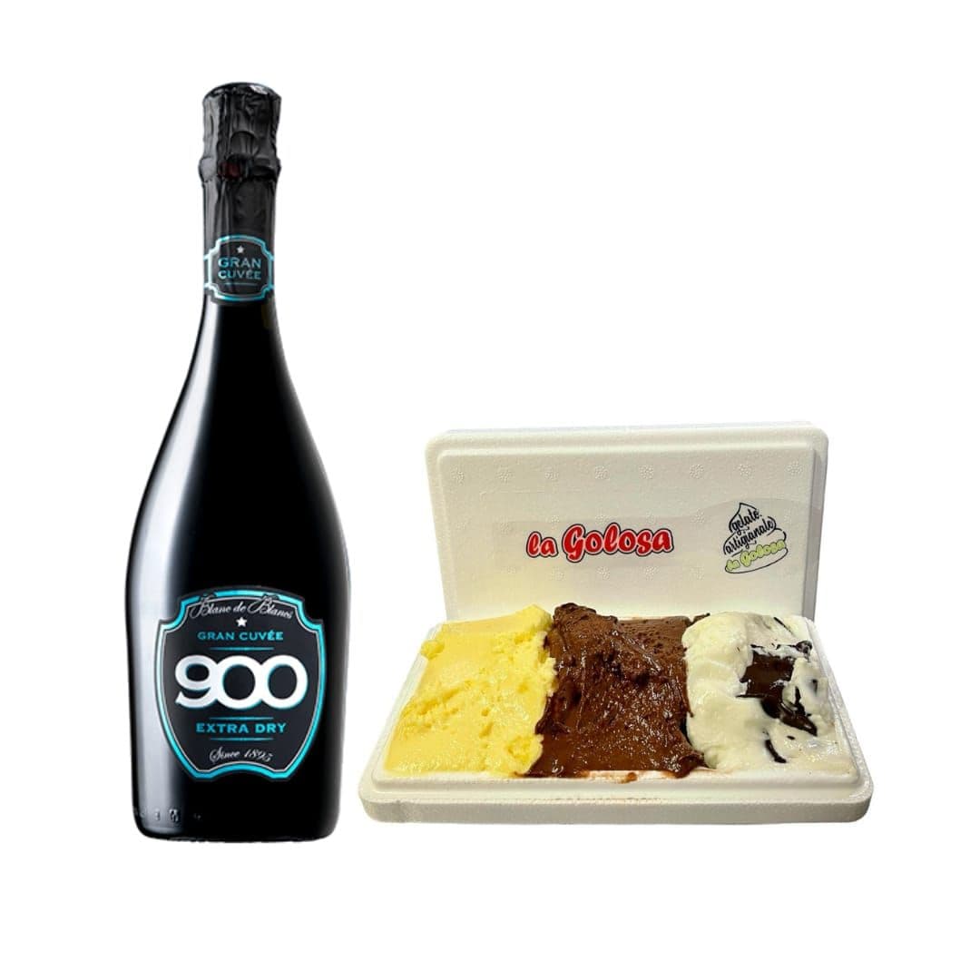 Gran Cuvée Blanc de Blancs extra dry con vaschetta gelato 500 gr crema cioccolato e stracciatella
