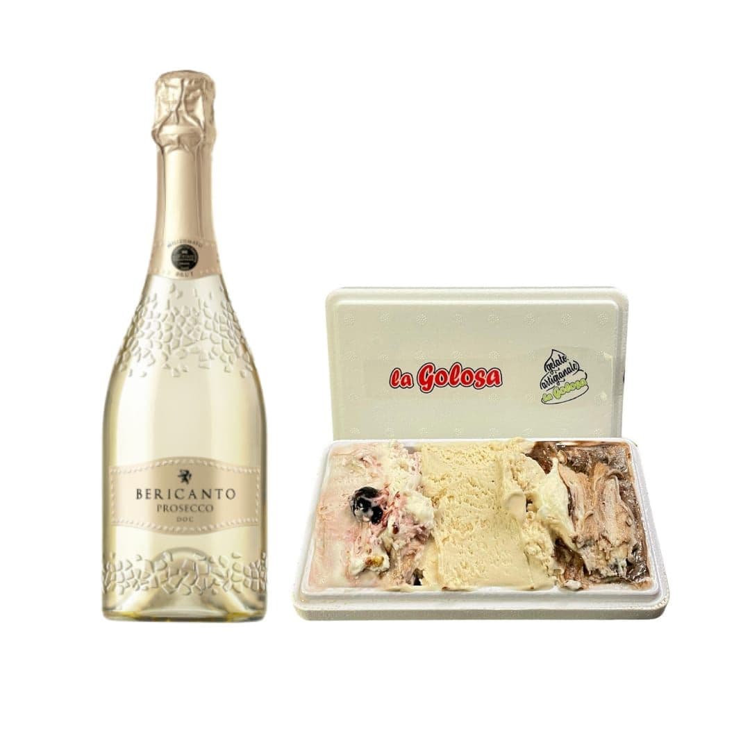 Prosecco DOC Brut con vaschetta gelato 500 gr amarena nocciola cremino 