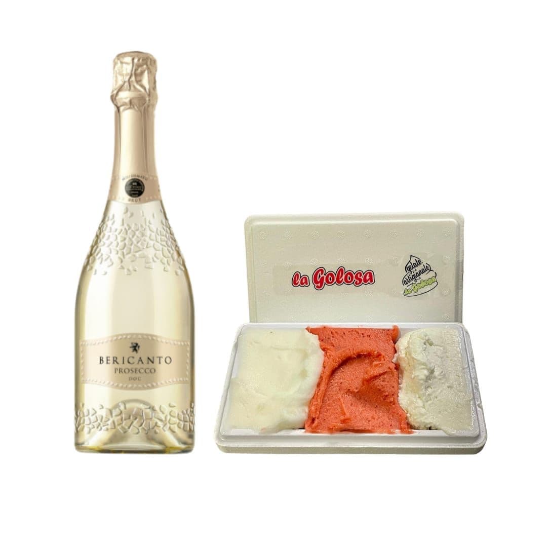Prosecco DOC Brut con vaschetta gelato 500 gr limone fragola cocco 