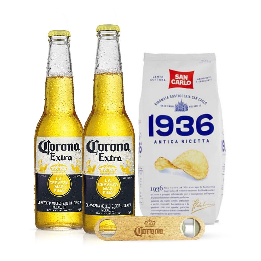 Kit Aperitivo Corona Extra Lager 2 pezzi con Patatine 1936 + Apribottiglie Omaggio
