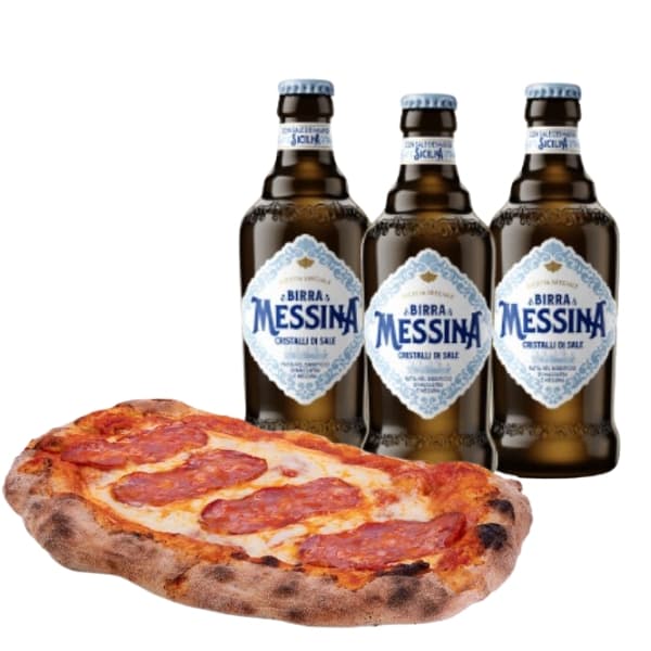 Pizza Spianata Piccante con 3 Birra Messina Cristalli di Sale (33 cl)