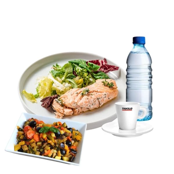 Menù Secondo e Contorno - Filetto di salmone e Caponatina di verdure fresche
