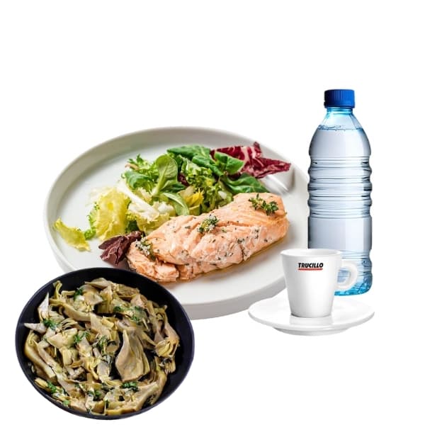 Menù Secondo e Contorno - Filetto di salmone e Carciofi in tecia