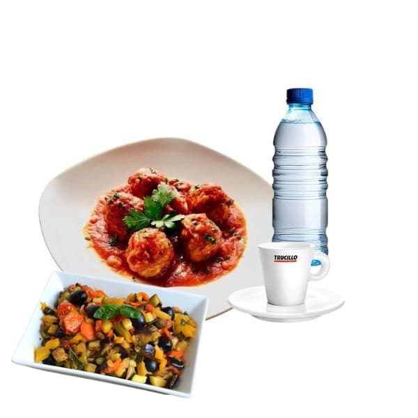 Menù Secondo e Contorno - Polpette di bovino al pomodoro e Caponatina di verdure fresche