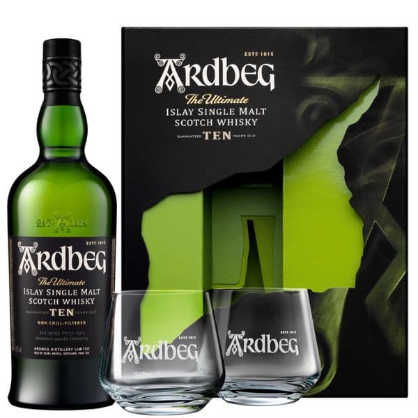 Whisky Ardbeg Single Malt 10 Y.O. Confezione regalo con due bicchieri (70 cl)